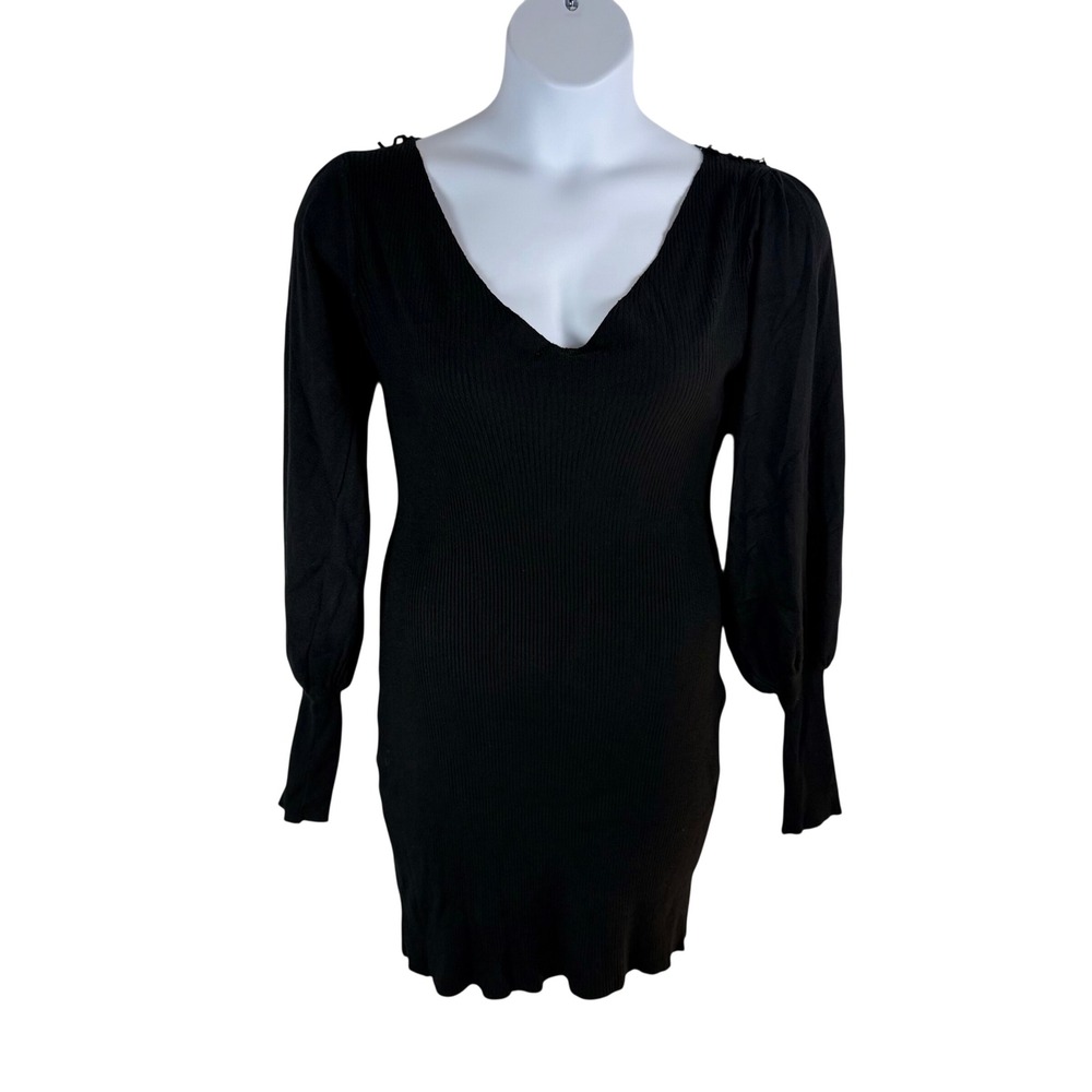 CBR Black Stretch Ribbed Knit Mini Dress Lace Trim V-Neck LS XL Goth Coquette